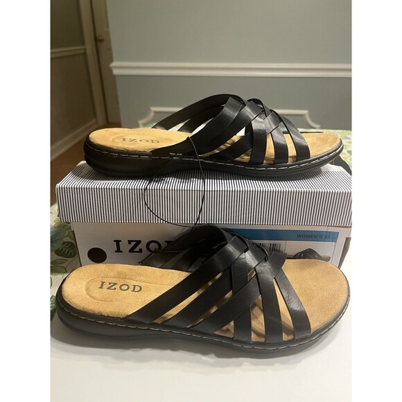 Izod Slaight Strappy Crisscross Strap Slip On Sandals Black Sz 10 NIB - Picture 1 of 16